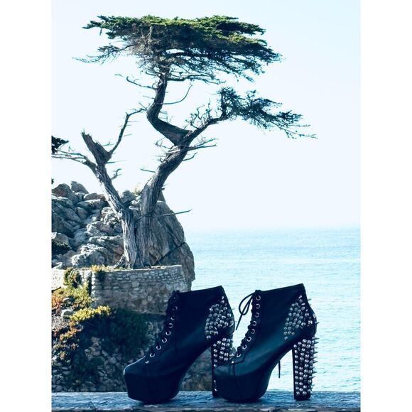 Jeffrey Campbell Shoes - Spike Black Leather Silver Metal Spike Stud Platform Laceup Shoe Boots Sz 6.5